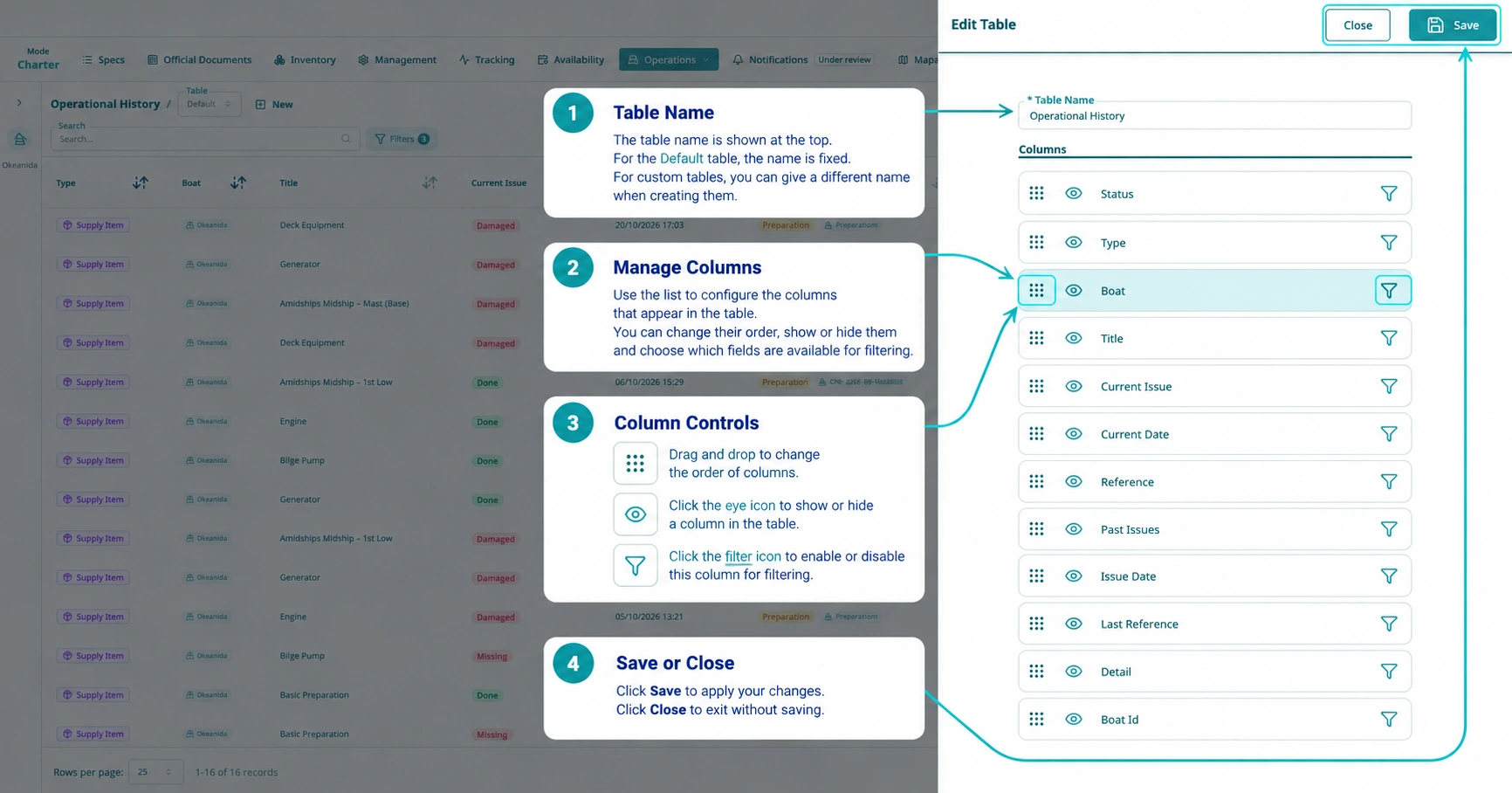 Annotated Edit Table sidebar with table name, drag handles for column ordering, eye icons for visibility, filter controls and Save.