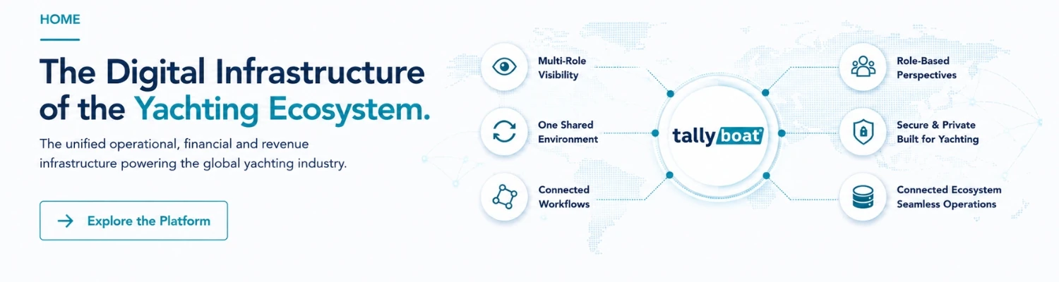 TallyBoat | The Digital Infrastructure of the Yachting Ecosystem TallyBoat digital infrastructure for the yachting ecosystem, connecting workflows, stakeholders and operations in one secure platform.