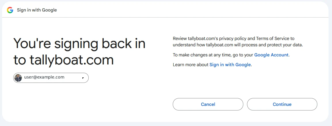 Google Sign-In Confirmation — TallyBoat sign-in and account setup guide