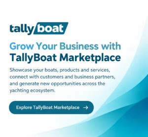 TallyBoat Marketplace promotional banner inviting yachting businesses to showcase boats, products and services, connect with customers and grow their business.