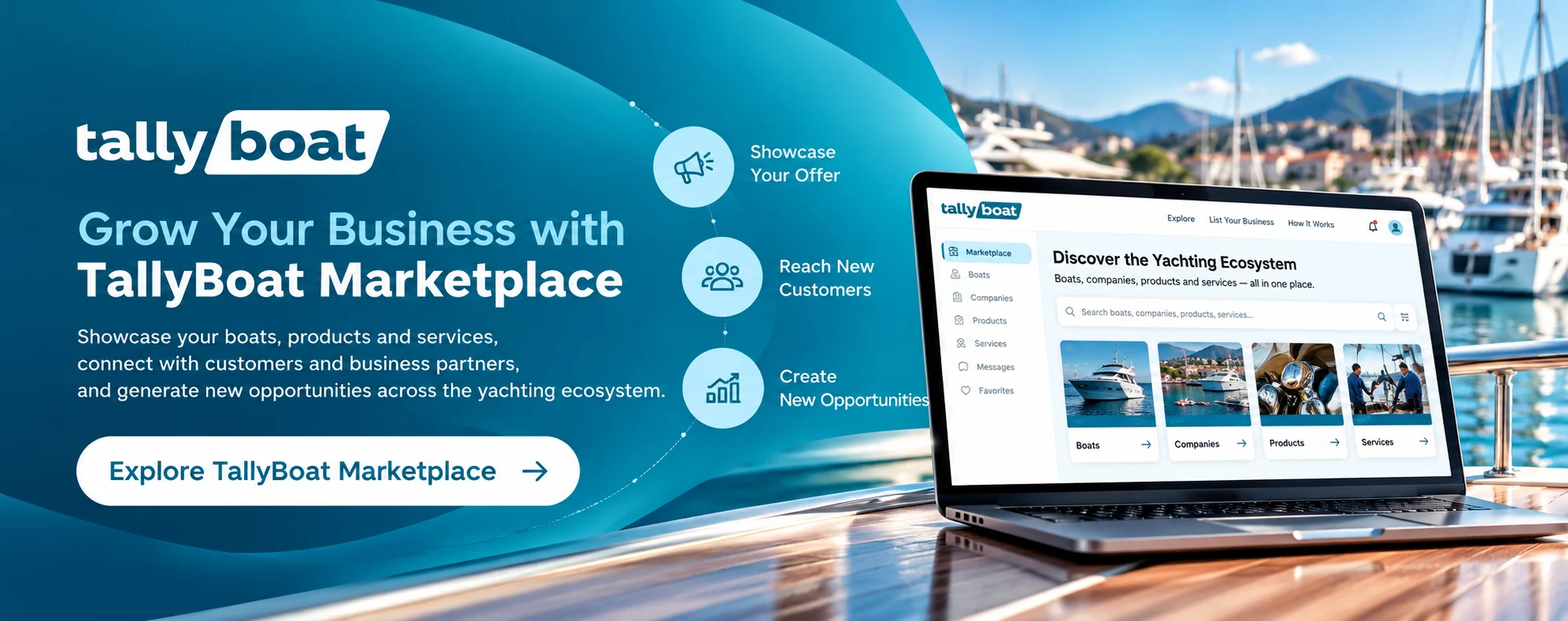 TallyBoat | Grow Your Business with TallyBoat Marketplace TallyBoat Marketplace banner showcasing boats, products and services, connecting yachting businesses with customers and new opportunities through a digital marketplace.