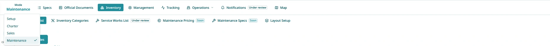 TallyBoat Boat Workspace with the Mode Selector expanded and Maintenance mode selected, showing maintenance-specific Inventory navigation.
