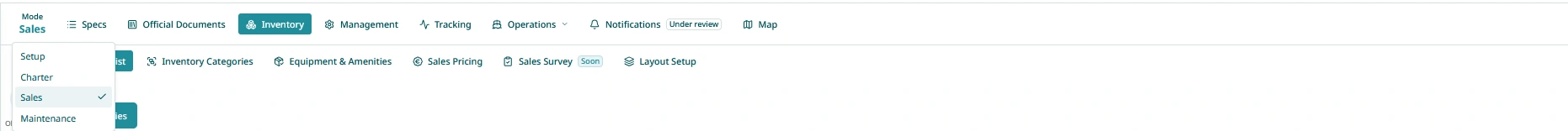 TallyBoat Boat Workspace with the Mode Selector expanded and Sales mode selected, showing mode-specific Inventory navigation.