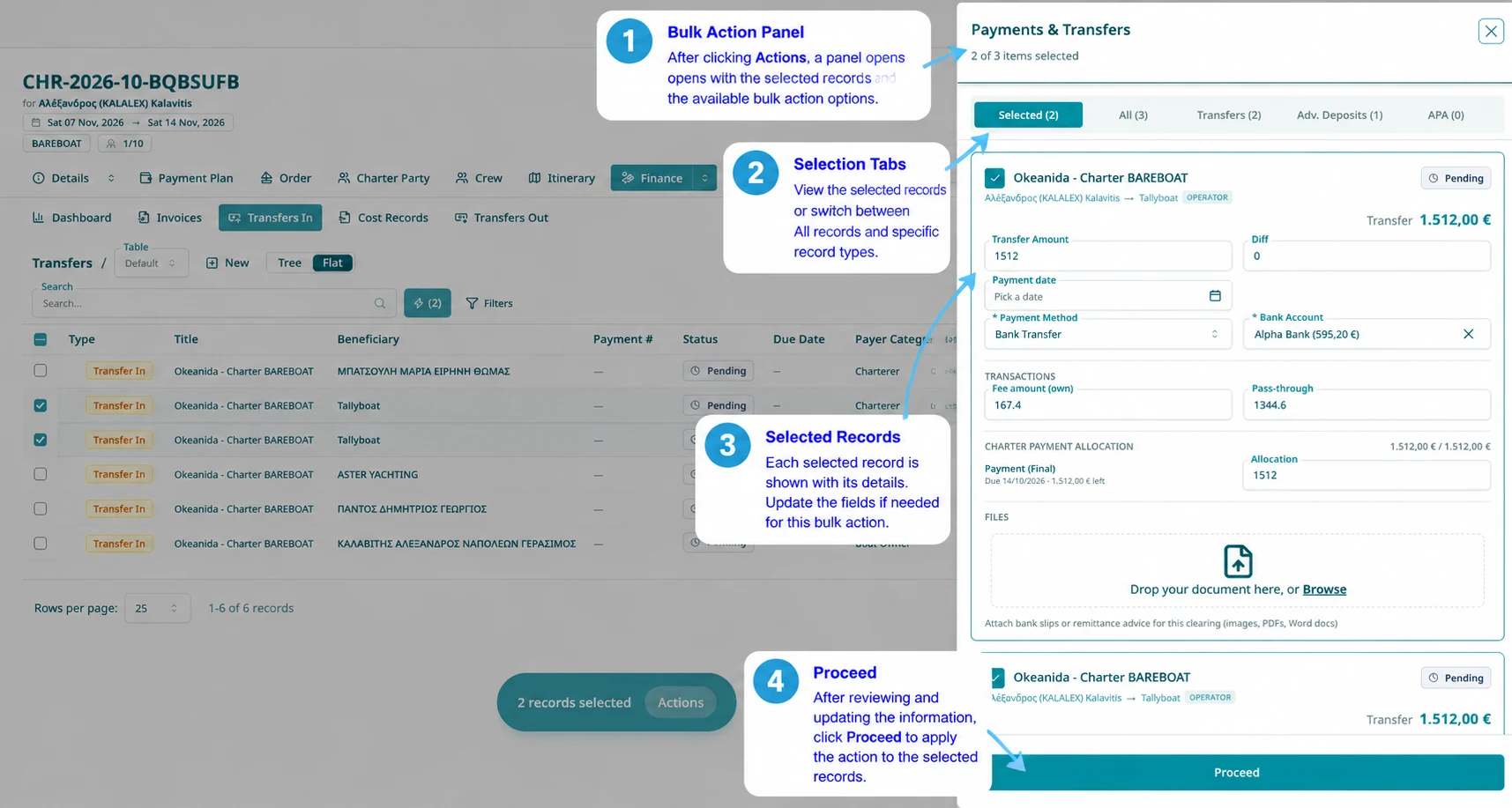 Annotated TallyBoat Payments and Transfers sidebar showing selected items, selection tabs, editable payment fields and the Proceed button.