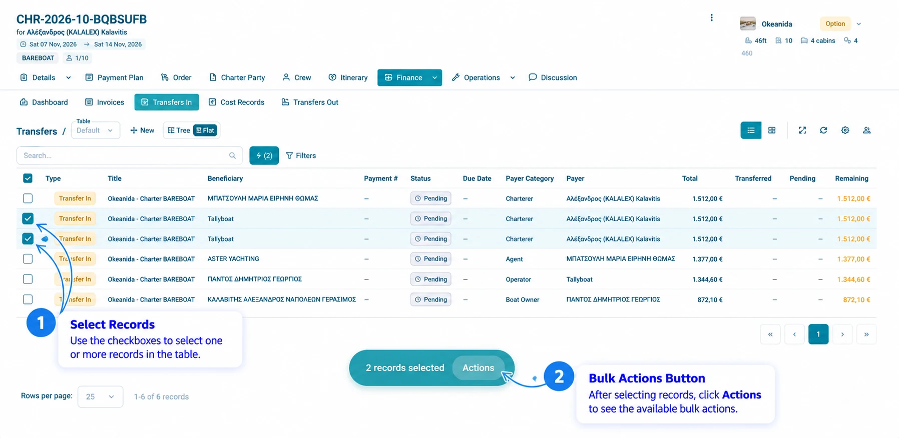 Annotated TallyBoat Transfers In table with two row checkboxes selected and a floating Actions button showing 2 records selected.
