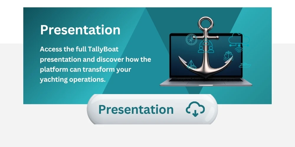 TallyBoat Platform | Presentation & Pricing TallyBoat platform presentation banner featuring a laptop, nautical anchor and access to information about the yachting software.